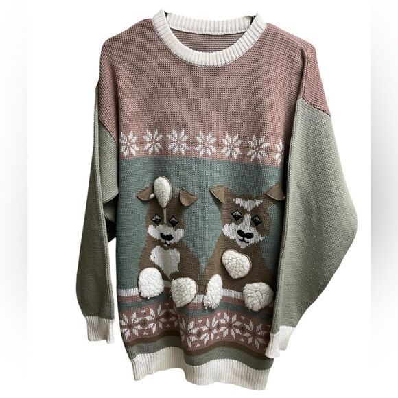 VTG 3D Terrier Dog Pink Green White Striped Fair Isle Knit Sweater SZ L - Picture 1 of 4